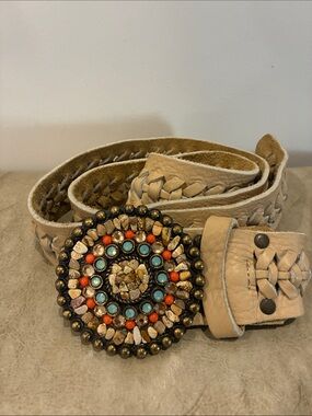 Leatherock Tan Braided Leather Belt with Multicolor Stone Medallion Buckle